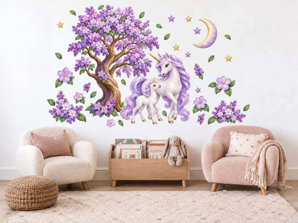 Jednorožce pod kvitnúcim orgovánom fialové nálepky na stenu do izby pre dievčatká hárok 23 x 46 cm