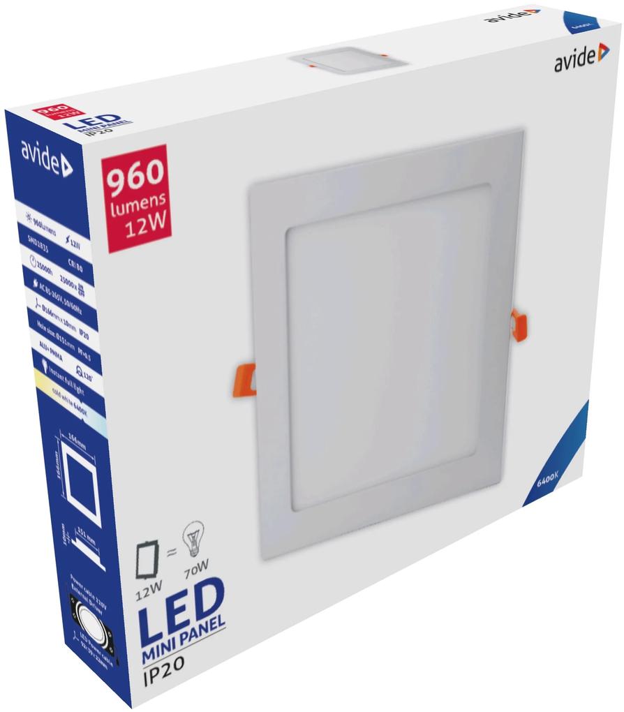 AVIDE Zápustný LED panel, 12W, studená biela, 17x17cm, štvorec, biely