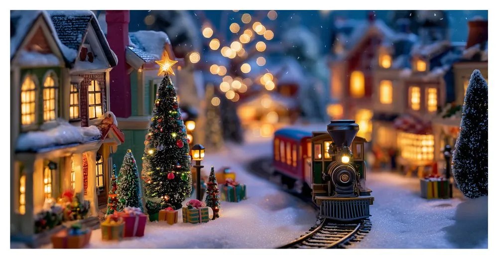 Obraz vláčik prechádzajúci nádhernou vianočnou krajinou