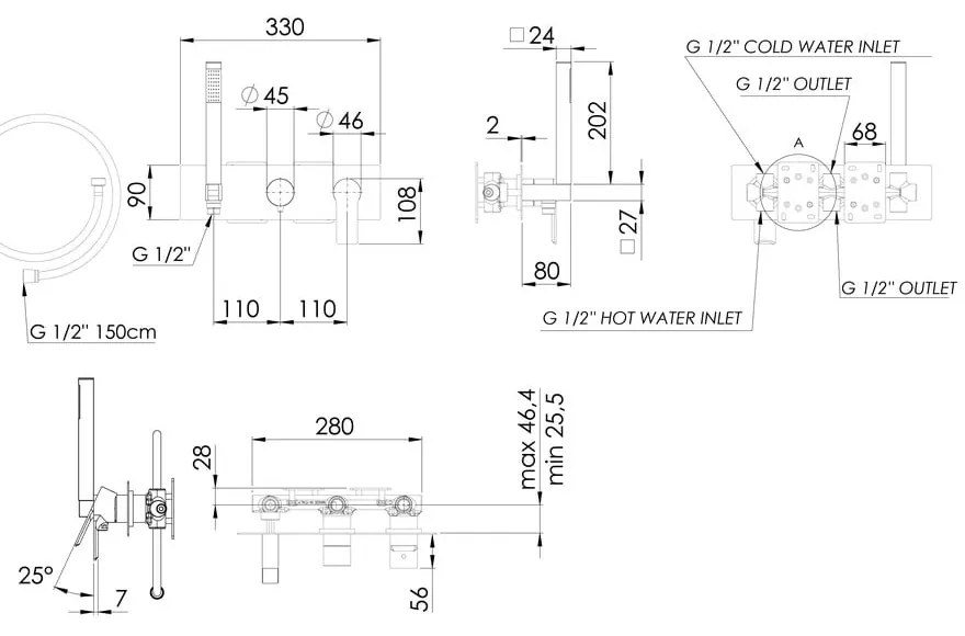 Podomietková sprchová batéria v lesklej striebornej farbe (3 výstupy) Pax – Sapho