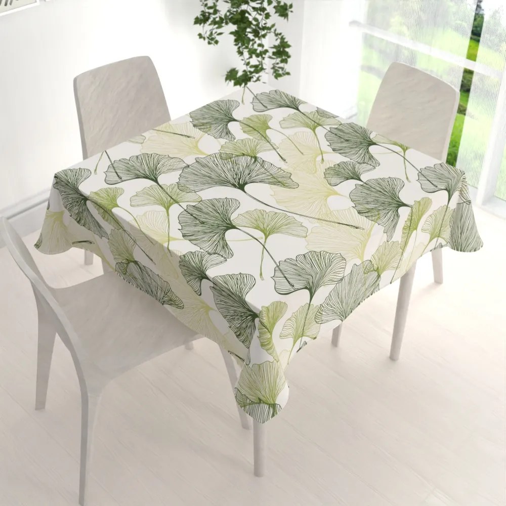 Biante Bavlnený štvorcový obrus Sandra SA-576 Zelené Ginkgo listy na bielom 140x140 cm