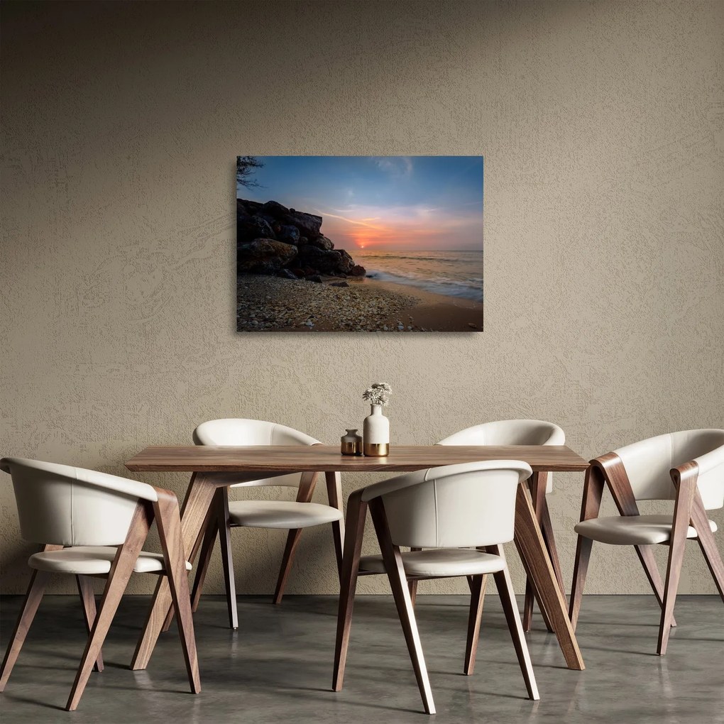 Sklenený obraz západu slnka na pláži (70x50 cm)