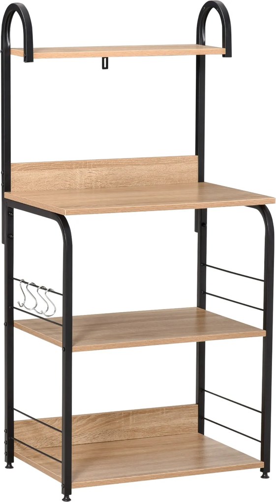 HOMCOM 4-podlažný jedálenský regál s háčikmi a poličkou na mikrovlnku 60x40x125 cm Prírodné drevo | Aosom
