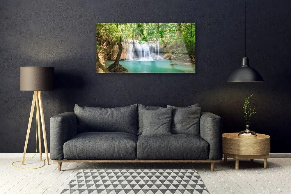 Skleneny obraz Vodopád jazero les príroda 120x60 cm