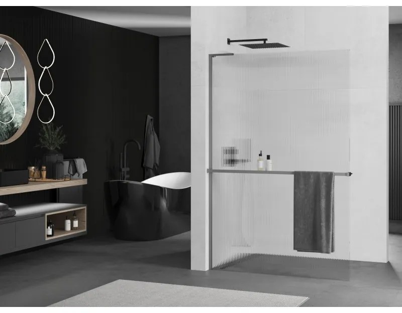 Mexen Kioto+ L, sprchová zástena Walk-In s poličkou a vešiakom 90 x 200 cm, 8mm sklo s rebrovým vzorom, grafitový profil, 800-090-123-95-09