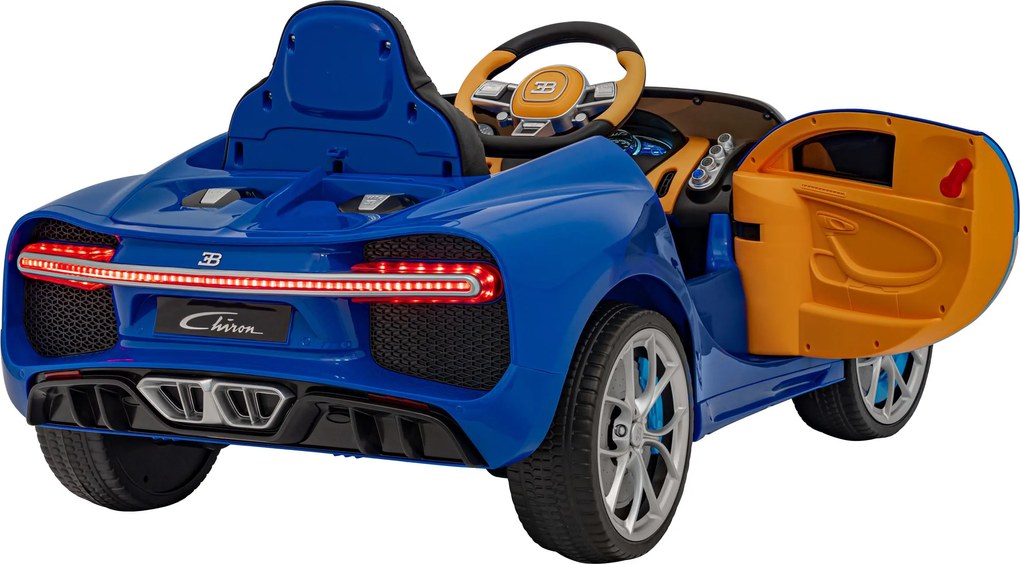 Ramiz Bugatti Chiron batérie pre deti Modrá + Diaľkové ovládanie + Nosič batožiny + EVA + Tlmiče + LED Audio