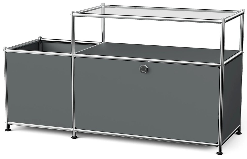 Kovová nízka skrinka »CN3« s výklopným priečinkom a sklenenou doskou, sivá