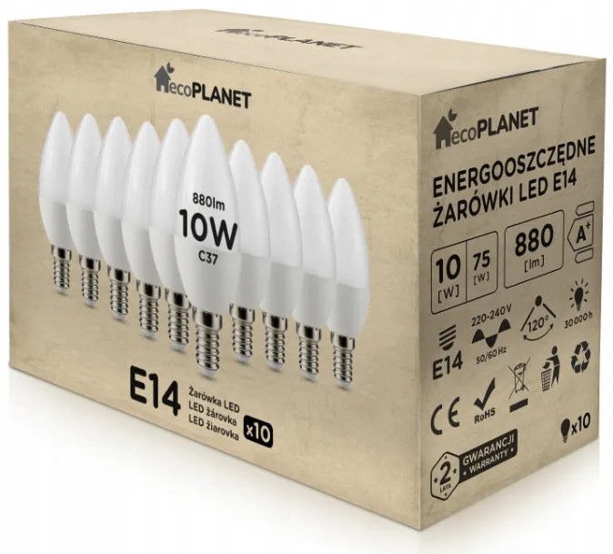 10x LED žiarovka - ecoPLANET - E14 - 10W - sviečka - 880Lm - studená biela