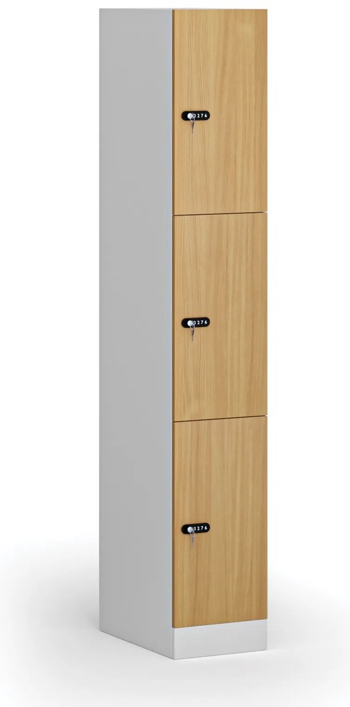 Šatníková skrinka S1 s úložnými boxmi, 3 boxy, 1850 x 300 x 500 mm, demont, mechanický kódový zámok, laminované dvere, buk
