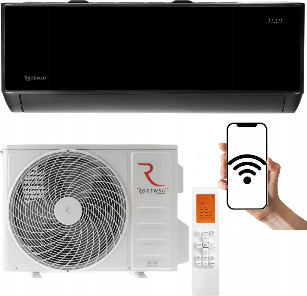 Nástenný klimatizátor Rotenso Teta Mirror Čierny 3.5 kW 40 m2 WiFi Ohrievač