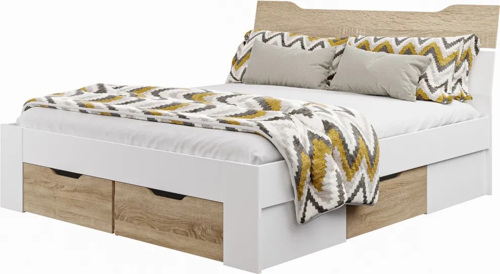 Posteľ s úložnými zásuvkami Asko 180x200 cm, biela/dub sonoma