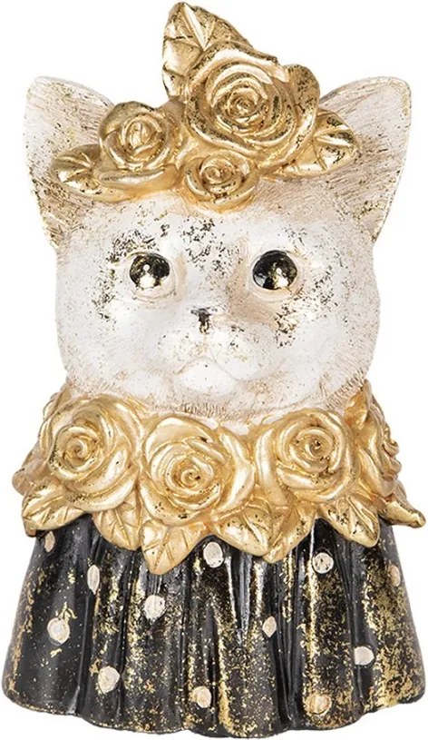 Dekorácia socha busta mačka zdobená zlatými ružami - 12*10*18 cm