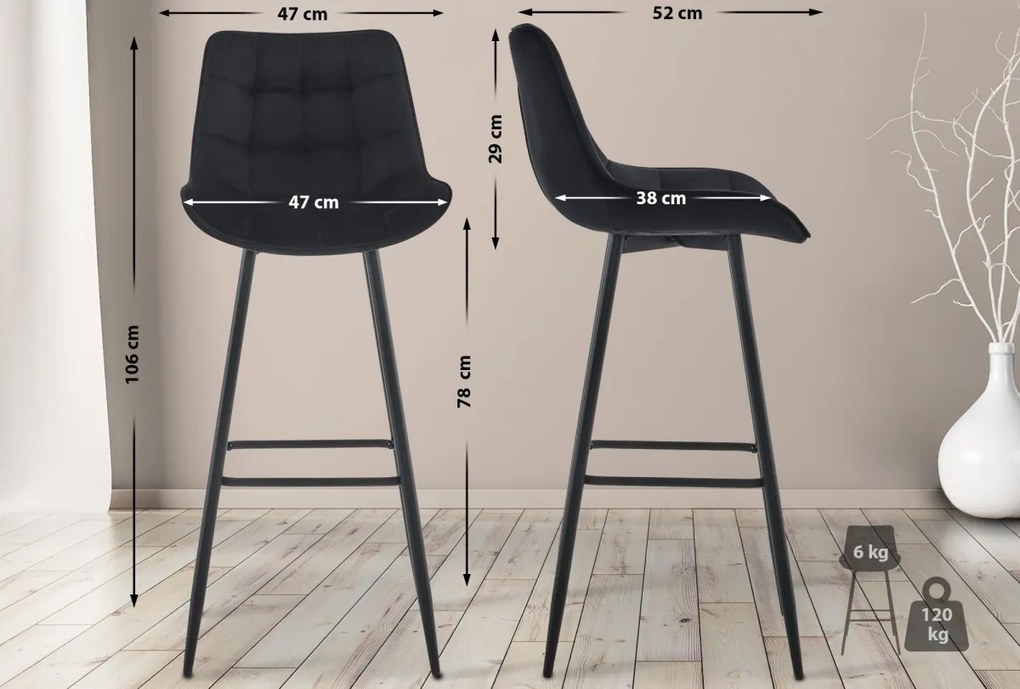 2x Barová stolička Dartford - zamat - Čierna