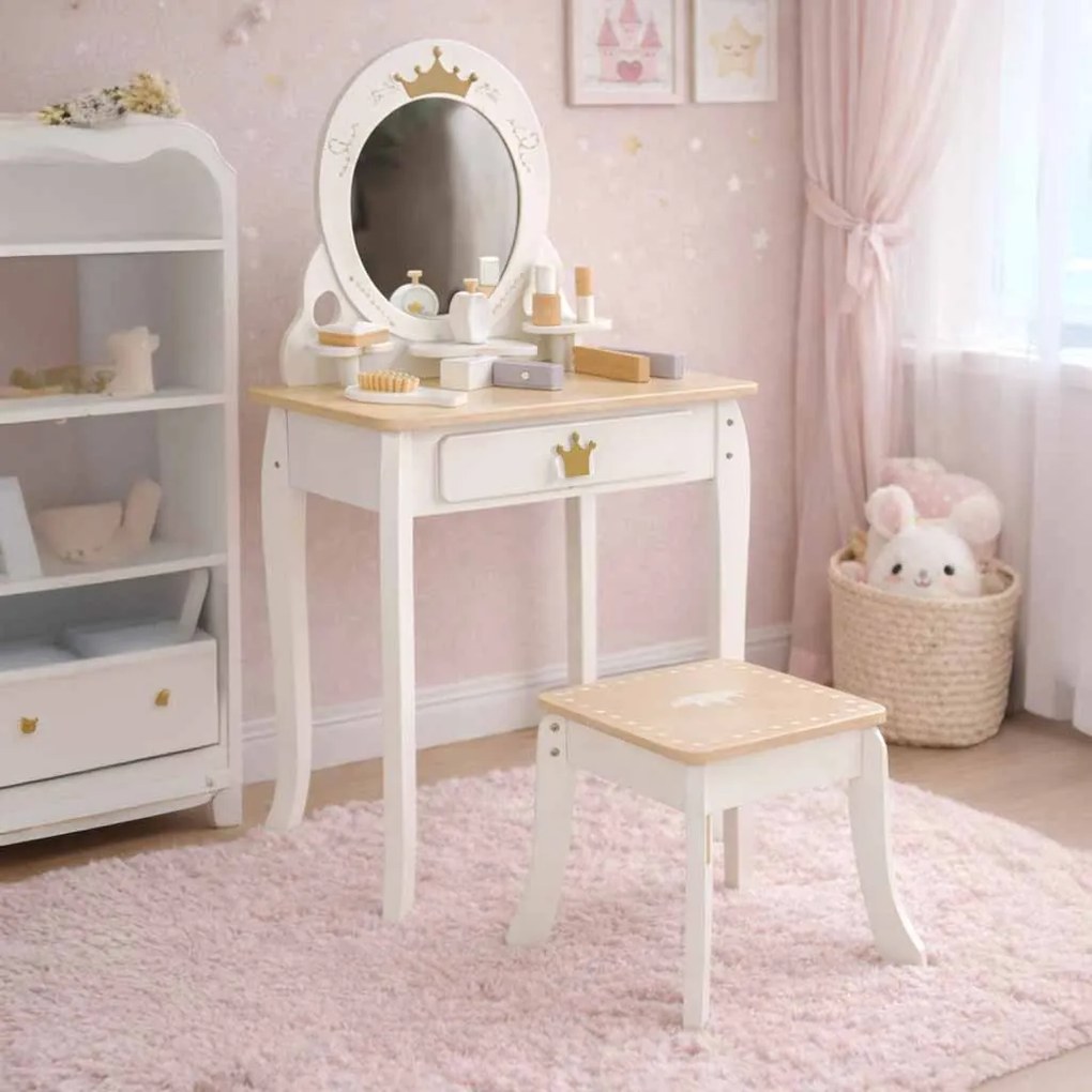 KIK Detský drevený toaletný stolík pre dievčatá Lulilo Bella biely so zrkadlom a doplnkami