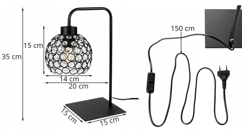Stolná lampa Crystal, 1x čierne krištáľové tienidlo