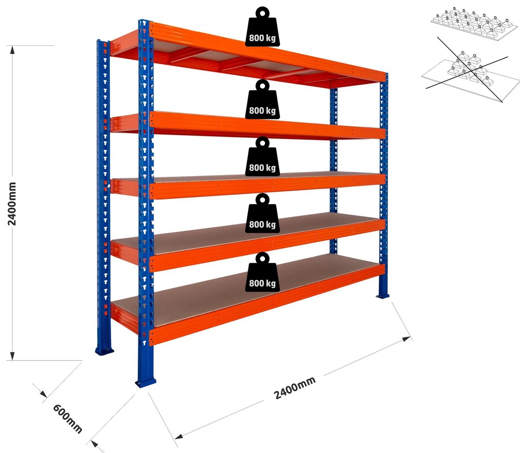 Nekonečný průmyslový regál 2400x2400x600, 5 police Barva: Oranžová a modrá