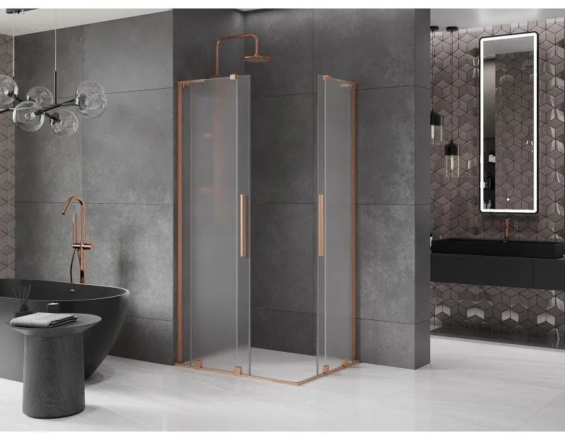 Mexen Velar L Duo, sprchový kút s posuvnými dverami 90 x 80 cm, 8mm sklo námraza, medená matná, 871-090-080-02-33-65
