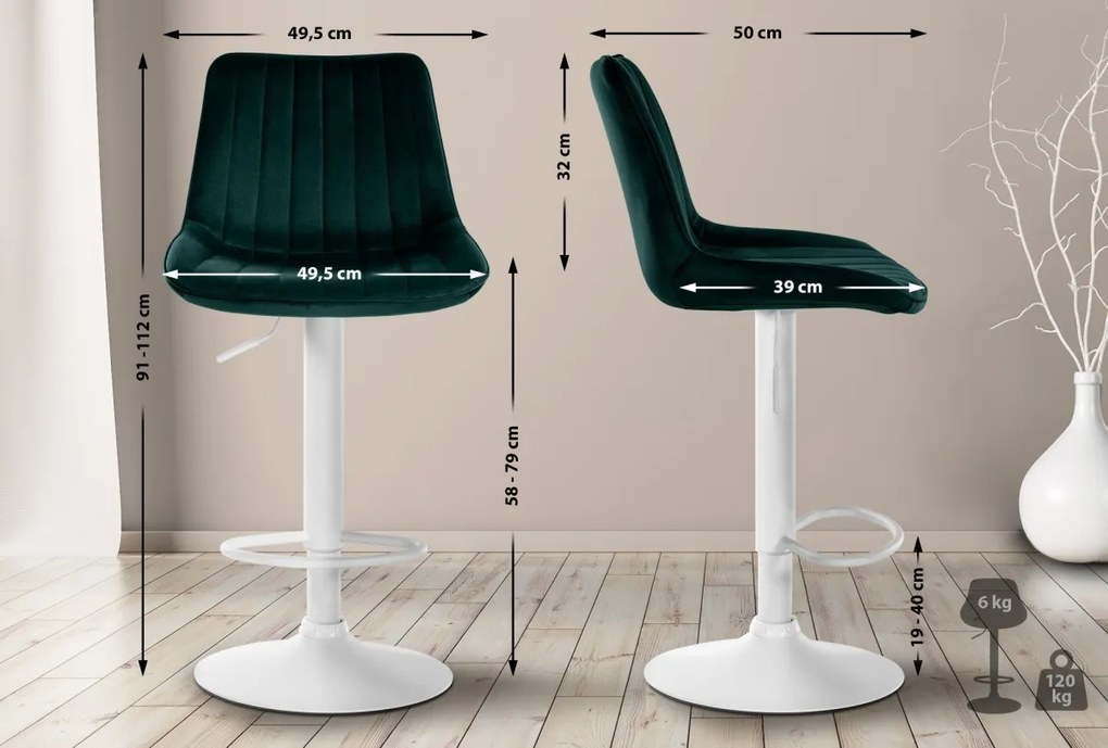 2x Barová stolička Toni - zamat, biely rám Zelená