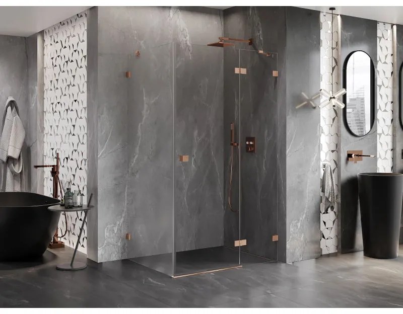 Mexen Lunar, pravostranný výklopný sprchový kút 85 x 90 cm, 8mm číre sklo, medený matný profil, 834-085-090-65-00-P