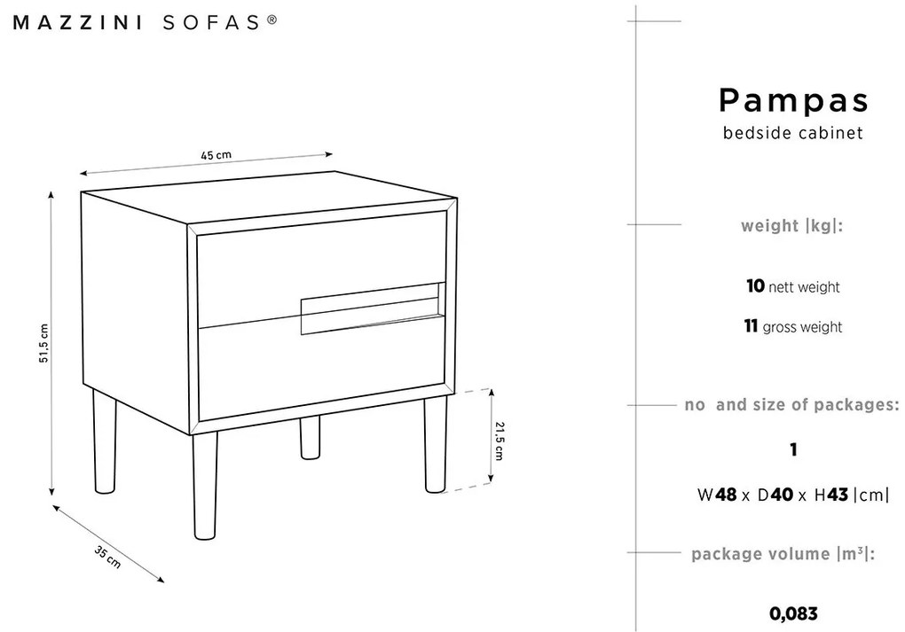 Nočný stolík Pampas 45 × 35 × 51,5 cm MAZZINI SOFAS