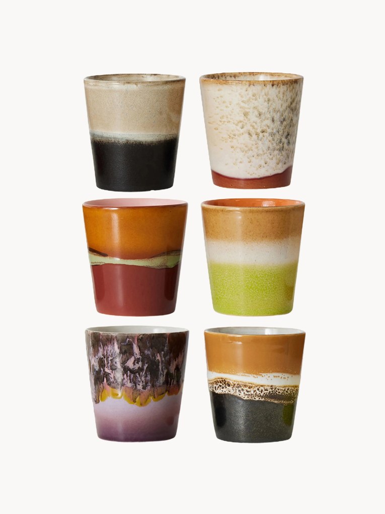 Ručne vyrobené hrnčeky's reaktívnou glazúrou 70's, 6 ks