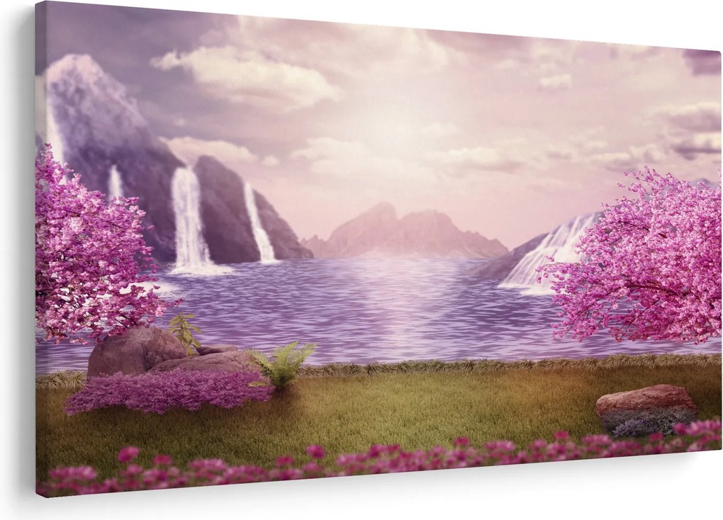 Obraz ružových stromov s jazerom (90x60 cm)