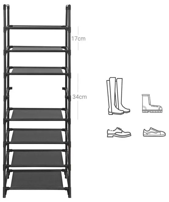 SONGMICS Kovový regál na topánky 8 políc skladací čierny