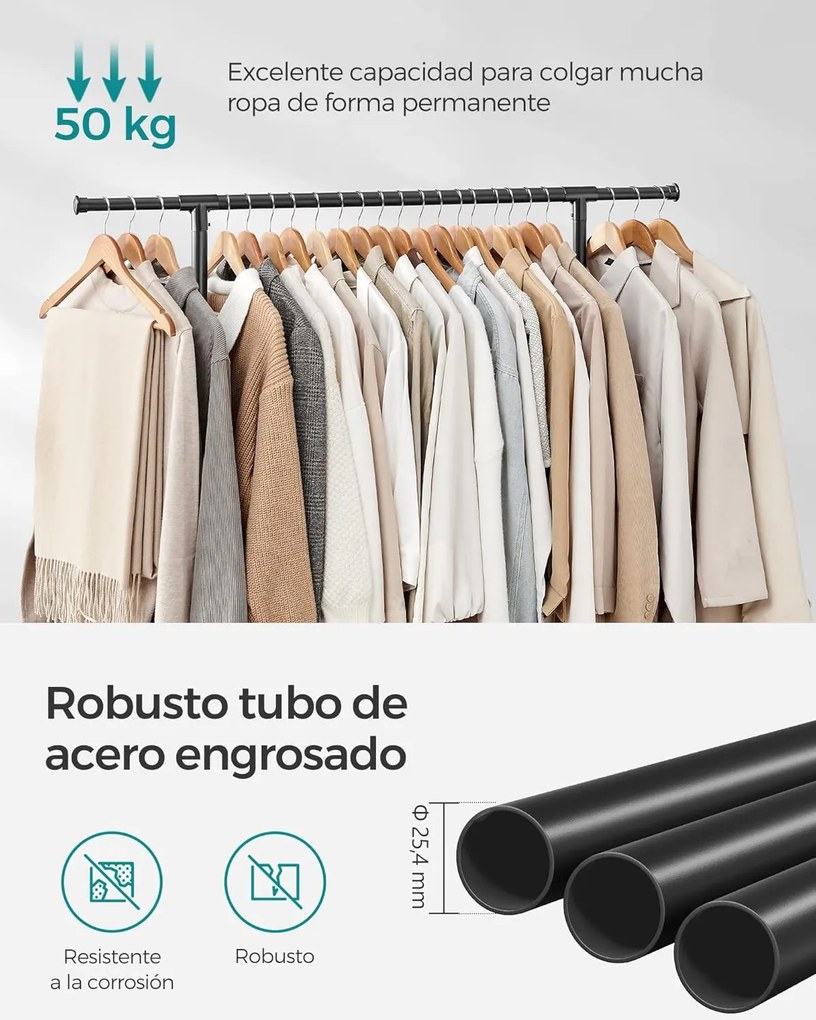 Dvojitý vešiak na oblečenie, nastaviteľná horná tyč, s kolieskami, 113-180 cm, čierny