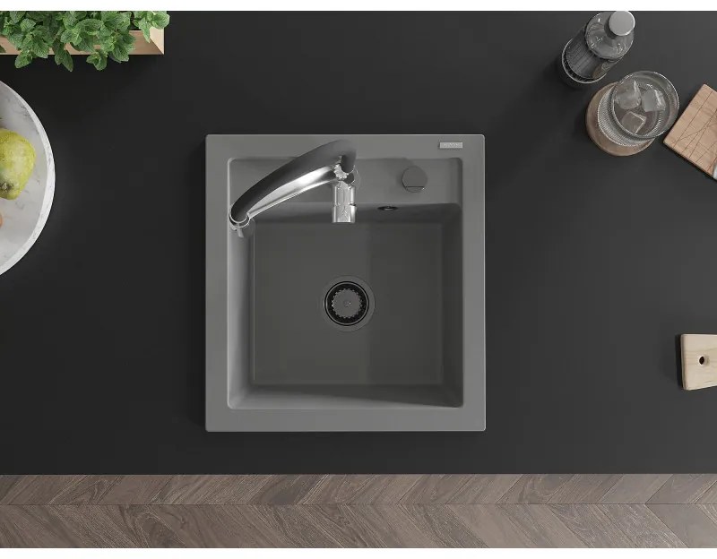 Mexen Vito, 1-komorový granitový drez 490x520x210 mm a drezová batéria Aster, šedá, 6503-71-73450-07-B