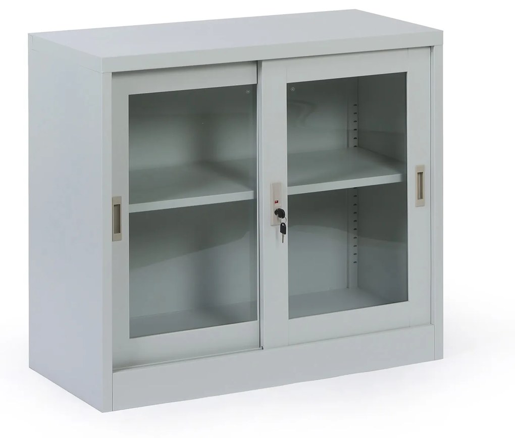 Kovová policová skriňa s presklenými posuvnými dverami, demontovaná, 900 x 800 x 400 mm