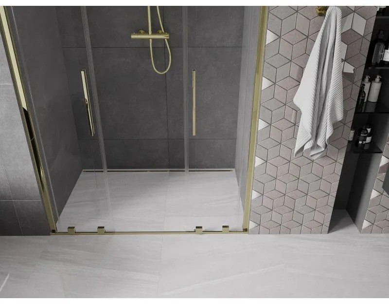 Mexen Velar L Duo, posuvné sprchové dvere do otvoru 160 cm, 8mm číre sklo, zlatá lesklá, 871-160-003-02-50