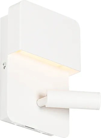 Nástenná lampa biela vrátane LED s USB a lampou na čítanie s vypínačom - Robin