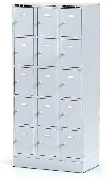 Alfa 3 Šatníková skrinka na sokli s úložnými boxami, 15 boxov, 1920 x 900 x 500 mm, otočný zámok, sivé dvere