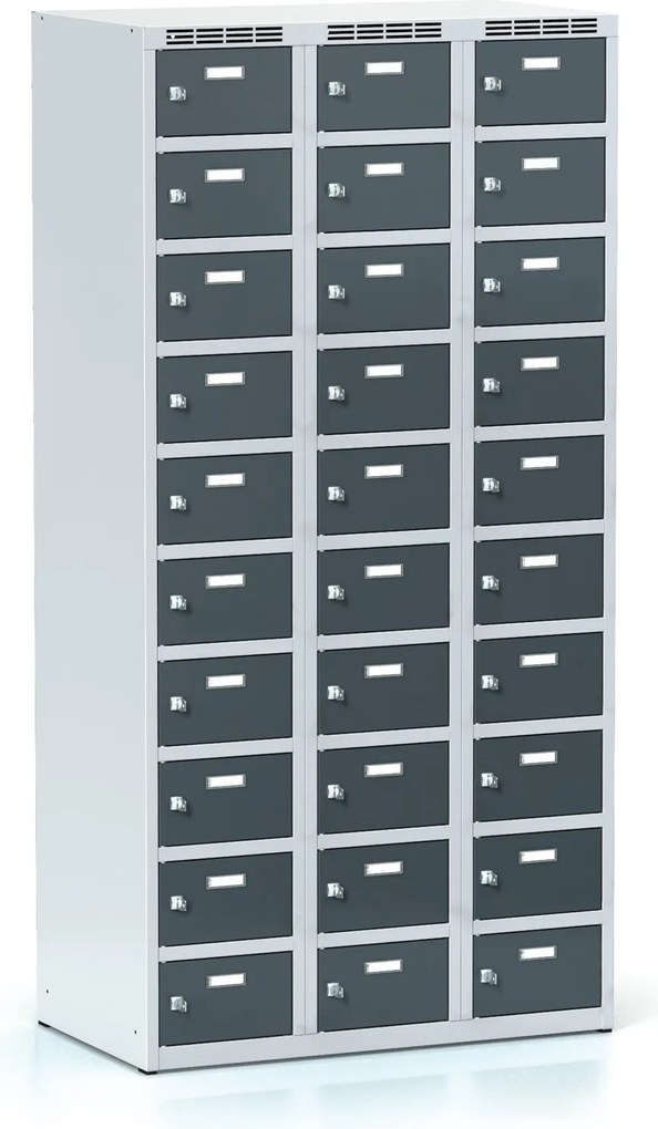 Šatníková skrinka S6 s úložnými boxami, 30 boxov, 1800 x 900 x 500 mm, cylindrický zámok, tmavosivé dvere