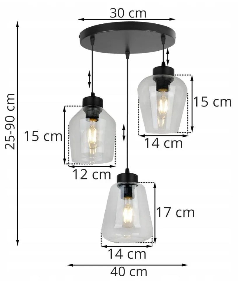 Závesné svietidlo Rijeka 3, 3x transparentné sklenené tienidlo, o