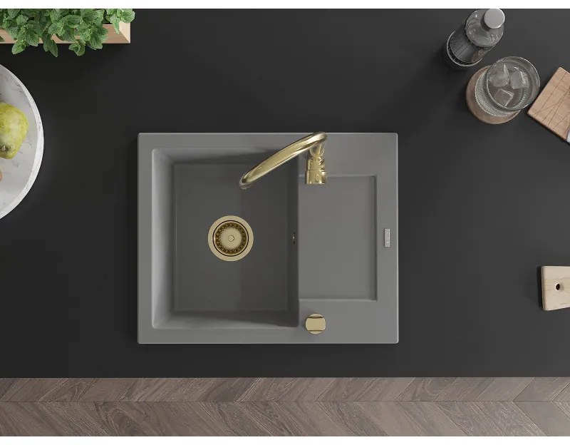 Mexen Enzo, granitový drez 576x465x174 mm, 1-komorový, zlatá batéria Telma, šedá, 6506-71-670200-50