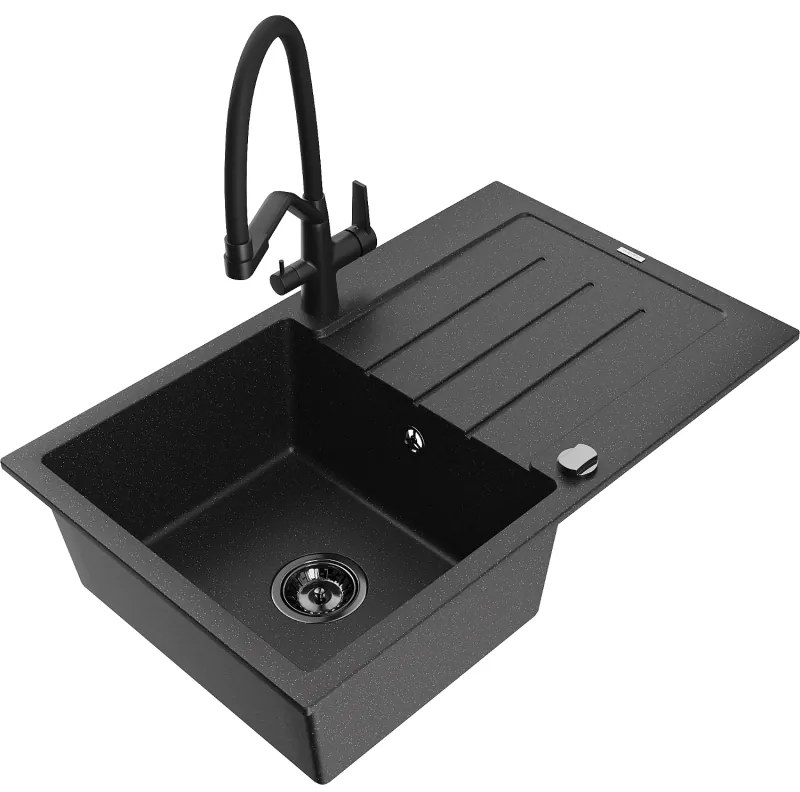 Mexen Bruno, 1-komorový granitový drez 795x495x200 mm a drezová batéria Duo, čierna-strieborná metalíza, 6513-73-671701-70-B