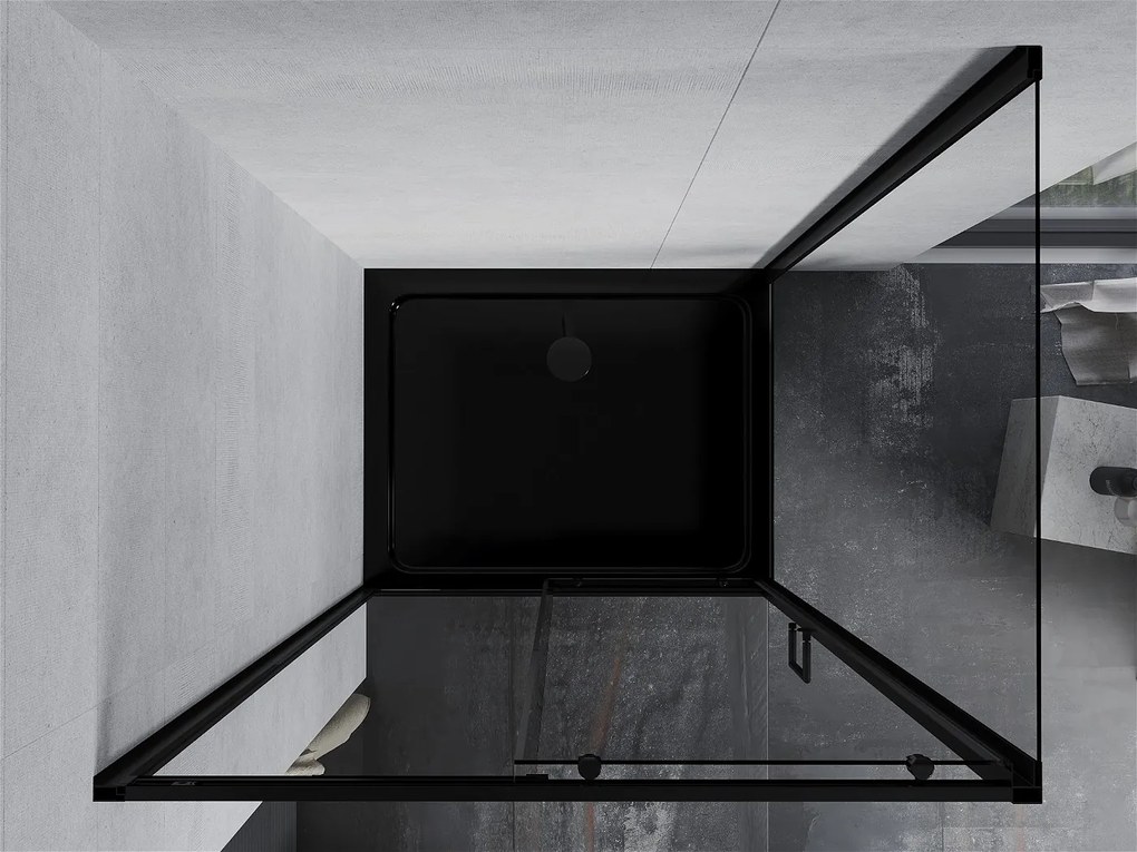 Mexen Apia sprchovací kút s posuvnými dverami 140 (dvere) x 90 (stena) cm, 5mm číre sklo, čierny profil + čierna sprchová vanička s čiernym sifónom, 840-140-090-70-00-4070B