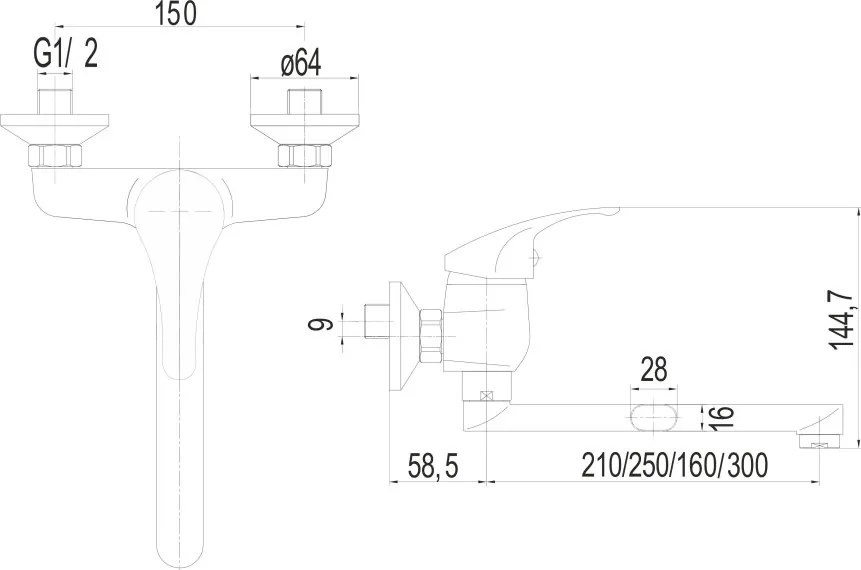 Mereo Lila, drezová nástenná batéria, 150 mm, s ramienkom plochým rovným 300 mm, chróm, MER-CBEE30206