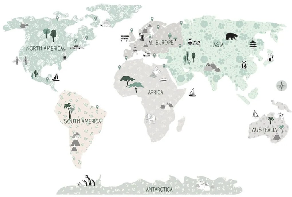 Detské nástenné samolepky MAPA SVETA zelené