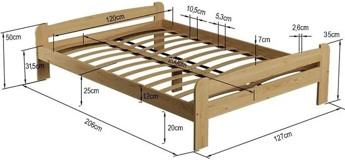 Eureka posteľ  „HERA”  z prírodného dreva vrátane roštu svetlý lak 90 x 200