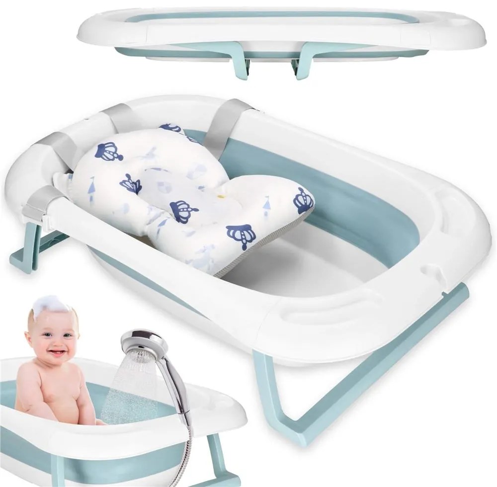 SPRINGOS Skladacia detská vanička 35 L pre bábätká, s teplomerom a vankúšikom, biela a modrá SB0063
