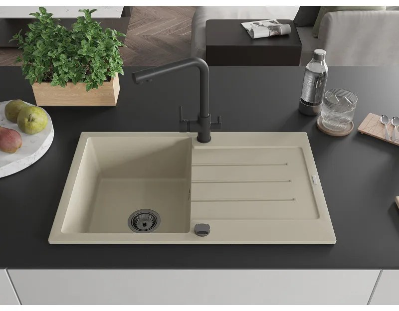 Mexen Bruno, 1-komorový granitový drez s odkvapkávačom 795x495x200 mm a čierna batéria Duero, béžová, 6513-69-671600-70