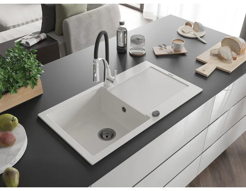 Mexen Leo, granitový drez 900x500x190 mm, 1-komorový a drezová batéria Aster, biela, 6501-20-73450-07-B