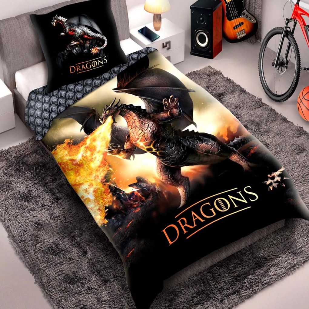 DETSKÉ POSTEĽNÉ OBLIEČKY DRAGON 160X200 CM, 1KS 70X80 CM VZOROVANÉ