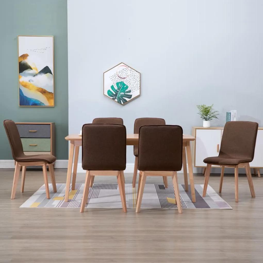 vidaXL Jedálenské stoličky 6 ks, hnedé, látka a dubový masív
