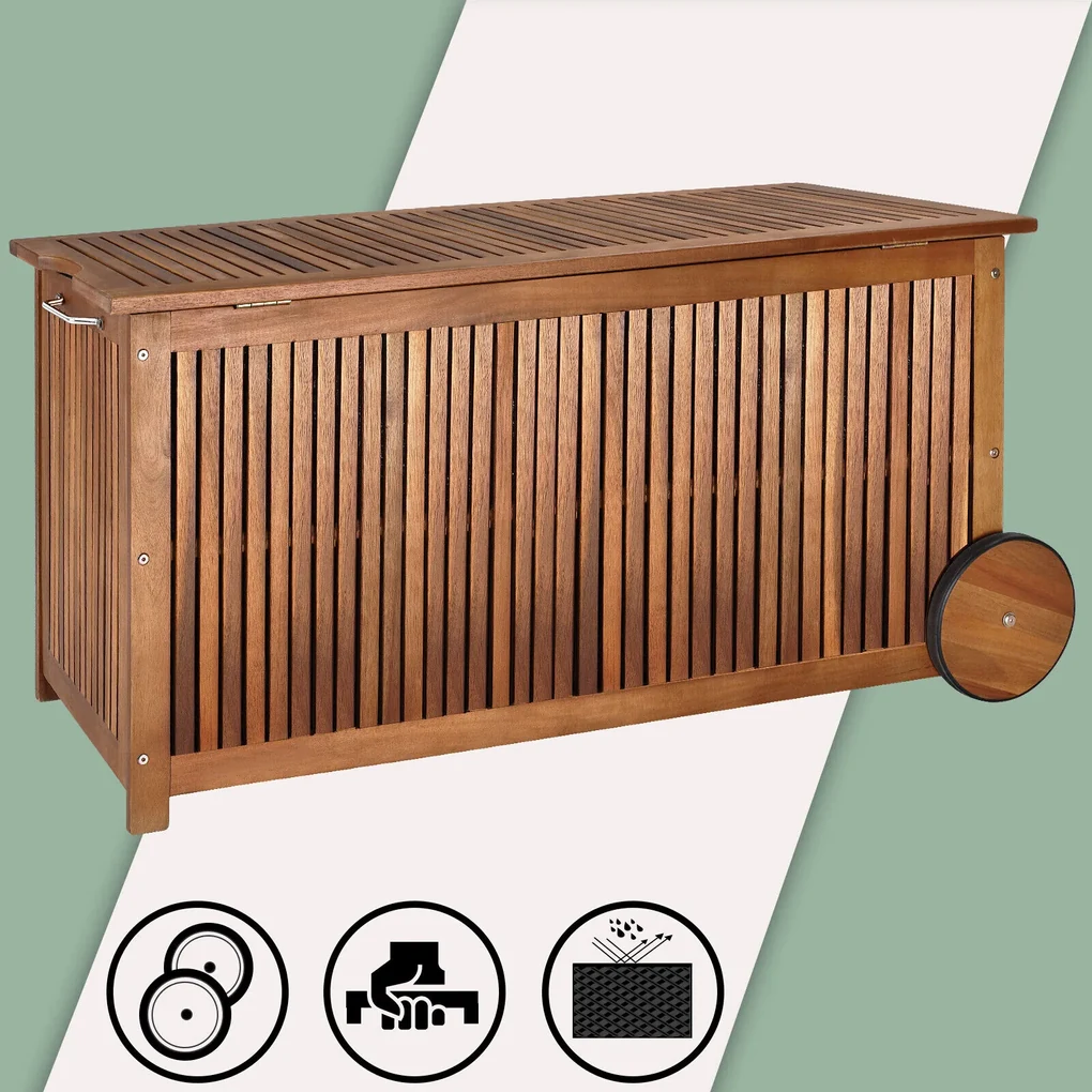 Drevený úložný box s kolieskami Acacia 117 cm vrátane vnútornej plachty