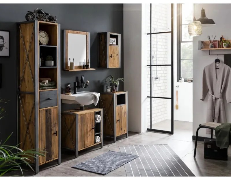 furniture-nabytek.cz - Masívne kúpeľňové zrkadlo Detroit z recyklovanej borovice a kovu, lakované, hnedé – 60×15×65 cm
