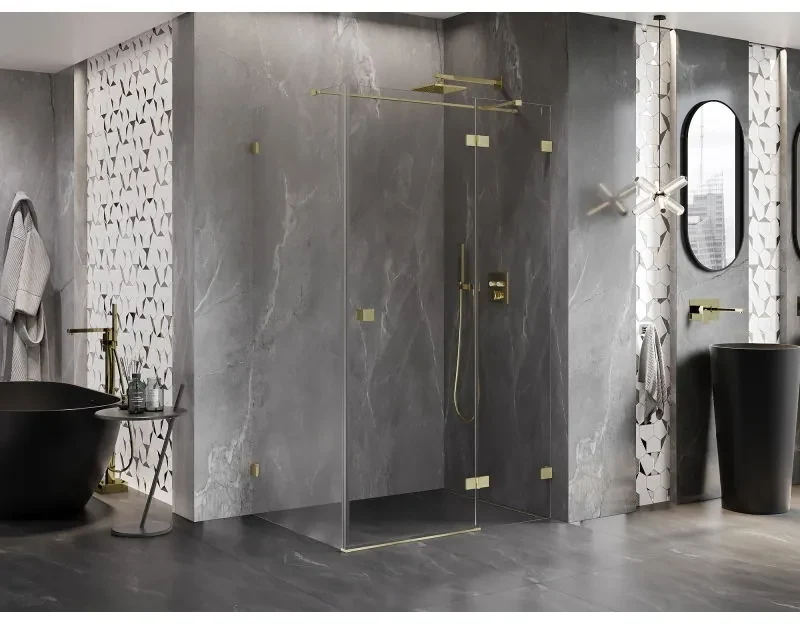 Mexen Lunar T, výklopný pravý sprchový kút 125 x 120 cm, 8mm číre sklo, zlatý kartáčovaný - 834T-125-120-55-00-P