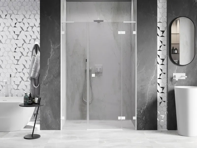 Mexen Lunar L, pravé otočné sprchové dvere 145 cm, 8mm číre sklo, biely profil, 834SL-145-050-20-00-P